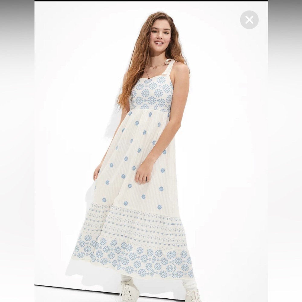 American Eagle Shoulder Tie Maxi Dress. Cream with Blue Details. Size Small.